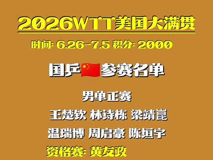 2026WTT美国大满贯
中国参赛名单