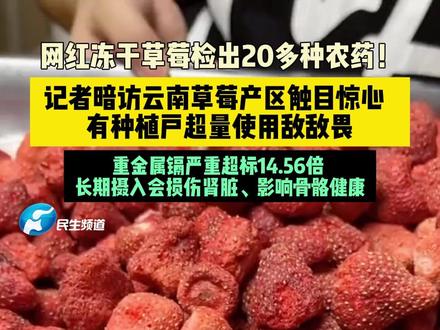 网红冻干草莓检出20多种农药! 记者暗访云南草莓产区触目惊心,有种植户超量使用敌敌畏,重金属镉严重超标14.56倍!长期摄入会损伤肾脏、影响骨骼健康!