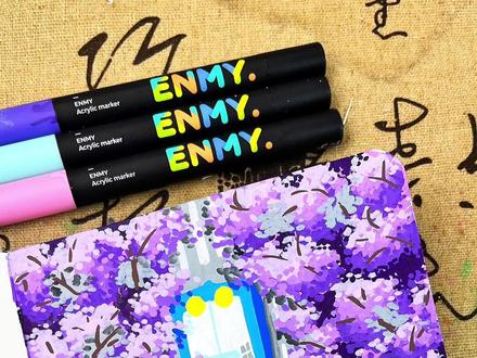 蓝花楹街道绘画 绝美蓝花楹街道这样画太简单了,简直美到窒息#绘画教程 #零基础学画画 #画画 #春天的色彩#恩米丙烯马克笔