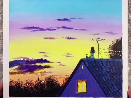 今天教你画一副简单的晚霞画法欧,喜欢点个小爱心欧🥰#画画