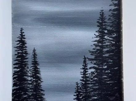 绘画《黑白灰色调的森林风景画》,第一阶段:底色铺设,在空白画布上滴落黑色和白色颜料,用宽头画笔将黑白颜料混合,以竖向笔触铺满整个画布,形成从深灰到浅灰的渐变底色,营造出朦胧的天空/背景效果。
第二阶段:远景层次,换用平头画笔,蘸取白色颜料,以横向轻扫的方式在画面上方画出几道浅色横线,增加天空的层次感和云雾效果,底部用黑色画出地面轮廓。
第三阶段:绘制树干,用细画笔蘸取黑色颜料,画出几根垂直的细线作为松树的主干,分布在画面左右两侧。
第四阶段:绘制树冠,使用细画笔,以点戳/短横线的技法,沿树干两侧逐步构建松树的枝叶,从顶部到底部,由密到疏左右两侧各画出3-4棵不同高度的松树,形成近大远小的透视感,树冠呈现典型的尖塔形松树林效果。
第五阶段:在天空区域涂抹一层白色颜料(类似画月亮/光源),用海绵刷轻轻晕染,增加天空的朦胧光感,最后整体调整画面的明暗对比。
完成效果:一幅意境幽远的黑白森林夜景图,两侧高耸的松树林形成画框式构图,中间留白的雾气/天空营造出静谧、神秘的氛围。#跟着抖音学画画 #画画其实很简单 #手绘教程 #创意画 #绘画教程
