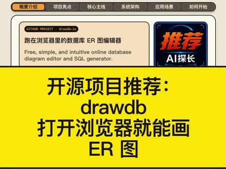 开源项目:帮你画好ER图 drawdb-io/drawdb:浏览器里的 ER图编辑器、SQL 脚本双向交换、导入已有的SQL,drawDB 会自动解析语句、识别外键关系,并重建出完整的可视化 ER 图。#github #github优质项目 #AI #前沿科技 #数据可视化