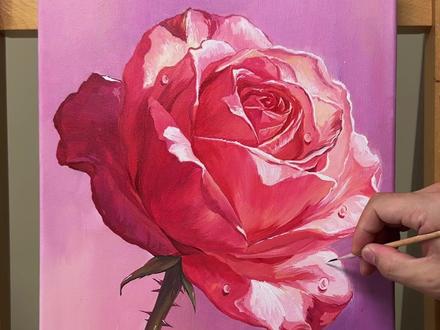 粉色玫瑰花丙烯画教程来了 准备材料:30✖️40油画框,大中小号尼龙平头笔,小勾线笔,颜料:白色、藏青、淡黄、大红、粉色#丙烯画 #手绘教程 #丙烯画教程 #画画 #玫瑰花