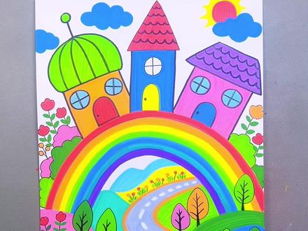 春天主题创意画,简单有趣,彩虹上的小镇创意画。#画画教程 #绘画绘画绘画 #跟着抖音学画画