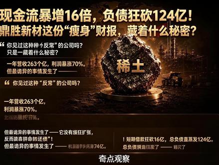 现金流暴增16倍,负债狂砍124亿!鼎胜新材要爆发? #热点 #财经 #股票 #鼎胜 #热点新闻事件 你见过这种“反常”的公司吗?
一年营收263个亿,利润暴涨70%。
但最诡异的事情发生了——
它没有疯狂扩张,反而在拼命“还债”!
短期借款狂砍16亿,总负债直接蒸发124亿。