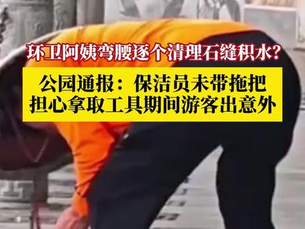 公园内环卫阿姨弯腰逐个清理石缝积水?11月20日,南宁市南湖公园通报:保洁员当时未携带拖把,担心拿取工具期间出意外,遂用随身抹布临时采取紧急处置。#媒体精选计划 #环卫工人