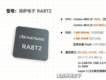 瑞萨 RA8T2 是一款搭载 1GHz Arm® Cortex®-M85 处理器的 ASSP 微控制器#微控制器 #MUC