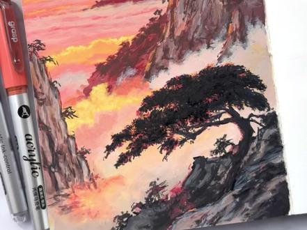 🎨黄山日出🌅丙烯马克笔教程 🖊️掌握直液式丙烯马克笔168色 📒遵爵32开细纹 #跟我一起学画画 #跟着抖音学画画 #艺术种草指南 #丙烯马克笔 #国风古韵