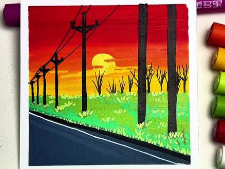 夕阳下郊区风景#青年创作者成长计划 #丙烯马克笔绘画#黄昏#电线杆 #慕多星丙烯马克笔