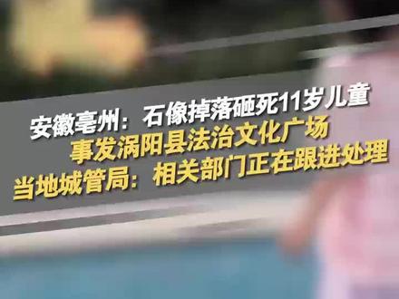 安徽亳州涡阳县:法治文化广场石像掉落砸死11岁儿童 9月20日,有网友发视频称,两三天前,一名11岁的孩子在安徽亳州涡阳法治文化广场玩耍时被掉落的石头雕像砸死。昨日(9月19日),有死者家属在法治文化广场烧纸哭诉。记者致电涡阳县城管局,工作人员证实确有此事,园林养护部门具体在负责跟进处理,目前没有更多具体信息。资料显示,涡阳法制文化广场于2014年建成,占地面积3.6万平方米。广场内建设有法治景观标志石,法治文化长廊2个,名人名言、法史文鉴石碑,老子、包拯、曹操、韩非、商鞅、王安石头等名人的大理石雕像。@抖音小助手 @DOU+小助手 #涡阳 #安徽亳州涡阳