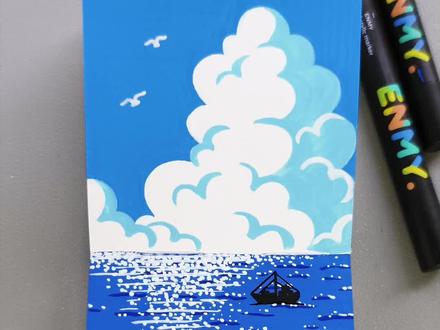 丙烯马克笔画海景, 简单好看,一学就会!#丙烯马克笔教程 #丙烯马克笔绘画 #海景画 #一起学画画