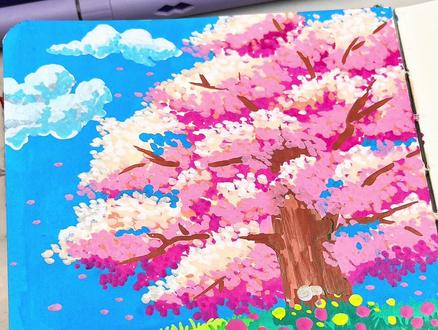 樱花主题画 春天就要画樱花呀!真的绝美啊#绘画教程 #零基础学画画 #画画 #春天的色彩 #初描丙烯马克笔