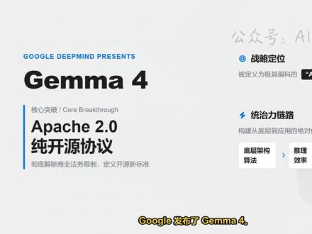 Gemma 4发布:Agent能力极强,附部署与微调全攻略 深度解析Gemma 4全系列模型:31B代码强、26B MoE适配本地Agent、端侧小杯支持原生语音。涵盖Ollama/vLLM部署及ms-swift微调实操指南。#Gemma4 #谷歌 #大模型部署 #LLM #AI微调