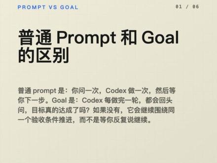 教你用好codex的goal功能
Goal 是一个持续推进的目标,不是一次性 Prompt。真正适合它的场景,是终点清楚、路径不确定、需要不断验证和迭代。目标写得越清楚,AI 越知道什么叫完成;目标写不清,就只是在原地消耗。使用前先确认版本和入口支持,别把 Goal 当成无人值守的魔法。#ChatGPT #AI工作流 #Prompt工程 #AI效率 #AI自动化