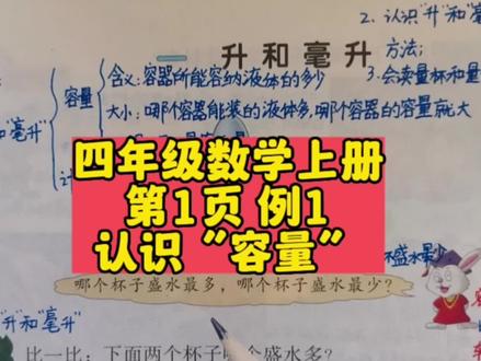 四年级上册数学(冀教)第一页例1“认识容量”#四年级上册数学 #课本讲解 #容量 #升和毫升 #关注我持续更新小学知识