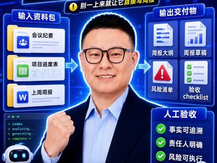 Codex做周报 很多人用 Codex 做周报,一上来就让它写正文,结果内容看起来对,但很难验收。
这期只讲一个场景:把会议纪要、项目进度表、上周周报做成资料包,再让 Codex 输出周报草稿和检查清单
#Codex #周报 #项目管理 #职场AI #AI提效