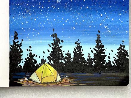 你敢信?一分钟就能画出治愈系风景画? 《被一束光接住的黑夜》新手教程,零基础也能轻松学会!#跟着抖音学画画 #绘画教程 #泰驰丙烯马克笔 #治愈系风景 #帐篷露营