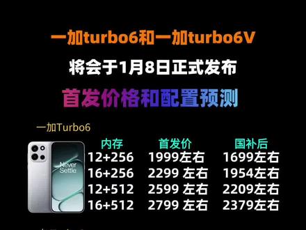 一加turbo6系列首发价格和配置预测 一加turbo6和一加turbo6V将会于1月8日正式发布!配置方面一加turbo6搭载高通骁龙8S Gen4处理器,而一加turbo 6V则是搭配的骁龙7S Gen4处理器!全系6.78英寸1.5K直屏,165赫兹高刷!9000毫安大电池,支持27W有线反向充电,配置在这个档位直接拉满!主播预计一加turbo6首发价1999,首发就能叠加26年国补,国补后1699!一加turbo 6V预计首发价1799,国补后1529!
#一加turbo6 #一加turbo6v #一加turbo #一加turbo6多少钱