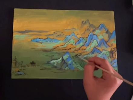 只此青绿千里江山图丙烯画教程,中国风绘画#爱画画 #油画 #丙烯手绘 #美术教程 @DOU+小助手