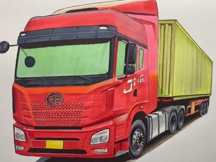 手绘解放卡车JH6半挂车,拉了一个集装箱 #马克笔绘画 #解放卡车 #集装箱半挂车