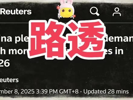 【20251208】路透社最新消息: ❤️
\------------------------------------------
📢【新闻速递】
2025年12月8日路透社电,国内官宣2026年将以更积极政策扩大内需✨,源哥带来深度解读。
\---
🎯【核心目标】
最高决策层明确,2026年将靠给力政策持续扩大内需💪,撑起整体经济发展,力争给新五年规划开个“好头”🚀。
\---
🔄【政策新词】
会议首提“跨周期”政策调节📆,主打超越短期波动的长期规划,这可是2023年12月以来首次亮相高层会议通稿哦。
\---
📊【优先级调整】
八项重点任务里,地方政府债务、房地产、金融领域等风险防控📉,直接降了三位排到最后。毕竟投资有点“蔫”🥀、地方严控借贷,现在更聚焦经济增长这件大事!
\---
💰【政策工具箱】
分析人士透露,“积极财政+宽松货币”双buff加持✨,明年可能提高赤字率、增发国债还会降息📉,增长目标大概率锁定5%左右🎯。强劲出口是底气,就算出口遇点小波折,财政政策也能补位兜底。
\---
🌍【内外统筹】
官方强调明年要平衡好国内经济与国际贸易🌐,经济学家直言政策会更“灵活变通”🧩。中美贸易休战虽好,但外部不确定性仍在,政策得跟着外部环境灵活调整。
\---
❤️【长期方向】
高层释放信号,未来五年重点支持居民消费🛍️、重塑经济结构,解决结构性失衡难题。不过这类调整急不来,得慢慢见效⏳,核心还是坚持扩大内需,打造强大国内市场,实打实解决老百姓的急难愁盼❤️。
\---
👀【焦点关注】
投资者和经济学家都在紧盯即将召开的中央经济工作会议📈,会议将定调明年关键增长目标和政策方向,为新五年规划打基础。最终目标要等到明年3月全国人大会议正式敲定🔨。
Source: Reuters
#扩大内需 #内需不足 #降息 #消费补贴