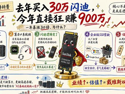 30万1年时间变900万!闪迪 去年买入30万闪迪,今年直接狂赚900万,表面看是一年暴涨30倍,背后其实不是单纯情绪炒作,而是AI底层硬件的价值重估。
市场过去只盯GPU和算力,但大模型训练、推理每天都要吞噬海量数据。算力再强,如果没有高吞吐、高速度的企业级SSD支撑,GPU也会“空转”。
闪迪剥离母公司后,甩掉传统机械硬盘包袱,更像一个纯正AI存储标的。随着云厂商和科技巨头加速采购企业级SSD,供需失衡带来定价权提升。
过去市场按周期股看它,现在按AI基础设施重新估值。业绩上修叠加估值提升,就形成了典型的戴维斯双击。
#ai#闪迪 #30倍