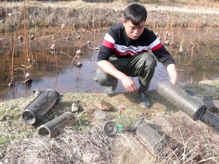 小伙放地笼想出怪招,白酒都用上了,放了4个在鱼塘期待收获