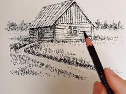 素描小木屋的画法#创作灵感 #一起学画画 #零基础学画画 #风景速写 #素描风景 #小木屋的画法