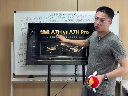 创维A7H和创维A7Hpro,价差1900,到底差在哪 Pro 版背光分区是 A7H 的 2-3 倍,峰值亮度达3800nits(A7H 为 1800nits),独占变色龙 AI 画质芯片 S7,色准 ΔE≤0.6;音效升级为7.1.2 哈曼全景声,加配双层 AG 防眩低反屏。追求影院级画质音效选 Pro,日常观影 A7H 更划算!#创维A7H #创维A7Hpro #618电视 #618攻略 #618行家划重点