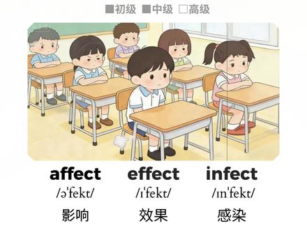 一个屁affect了上课,产生的effect可能是晕倒。但绝不会infect病毒
#中考英语