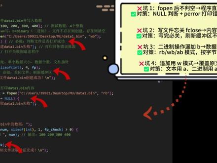 C语言文件操作原理解析 ✅文本文件读写 / 追加
✅二进制文件创建 / 追加
💡核心逻辑:打开→读写→关闭
💣避坑点:fopen 必判空、fclose 不能漏、二进制加 b 不翻车
新手也能秒懂!
#编程 #C语言 #文件操作 #青年创作者成长计划 #真实生活分享计划