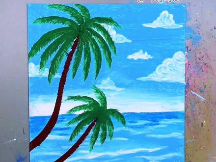 夏日海滩风景画,简单易学,夏天风景主题画。