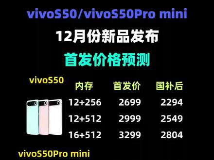 vivoS50系列价格和发布时间预测! vivoS50和S50Promini要来了,将于12月份新品发布,
搭载骁龙8Gen5处理器,索尼IMX882大底潜望镜,vivo S50系列这次影像+性能刷新中端机配置天花板!
我预估vivo S50首发价2699,国补后2294;
vivo S50Promini首发价3499,国补后2999;
目前S50系列已开启预约首发权益拉满!有蓝牙耳机保温杯等四选一,学生还加赠移动电源!
下面一条视频教你如何学生认证提前准备手机国补,锁定各种首发权益!!
#vivoS50 #vivoS50Promini #vivoS50多少钱 #vivo手机 #手机国补