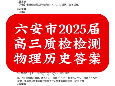 六安市2025届高三质检检测物理历史答案