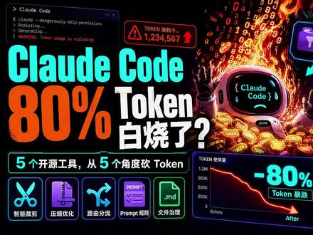 ClaudeCode80%Token都白烧了!5个开源找回 5个开源工具,5个不同角度砍Token:文件读取砍80%,输出废话砍65%,命令噪音砍80%,模型花费砍70%,Prompt冗余砍30%。按需选不要全装,选对工具才是真正会用AI的人。#真实生活分享计划 #与ai同行 #科技下一站 #ai #token