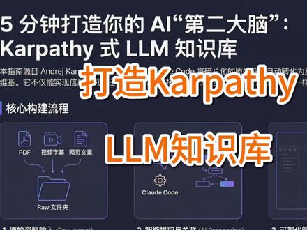 打造Karparhy式LLM知识库 这段视频介绍了由 Andrej Karpathy 启发并推广的一种基于大语言模型的个人知识库系统,它能将杂乱的信息转化为有序的数字资产。通过使用 Claude Code 自动分析原始资料,系统能够自主提取实体、建立双向链接并生成结构化的 Markdown 维基文件。用户可以借助 Obsidian 软件实现知识图谱的可视化,直观地观察不同概念之间的逻辑关联。这种方法相比传统的 RAG 检索更具代币效率和成本优势,且无需复杂的数据库基础设施即可运行。该系统通过自动化的维护与更新日志,让 AI 像一名拥有长久记忆的得力助手,实现知识的持续沉淀与复利增长。
#大模型 #claudecode #openclaw #aiagent