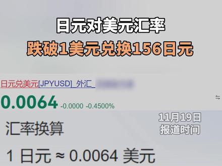 日元对美元汇率跌破1美元兑换156日元