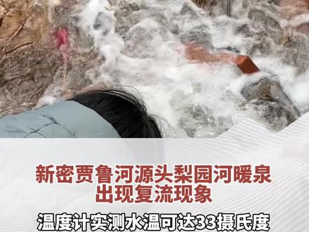 新密贾鲁河源头梨园河暖泉出现复流现象,温度计实测水温可达33摄氏度