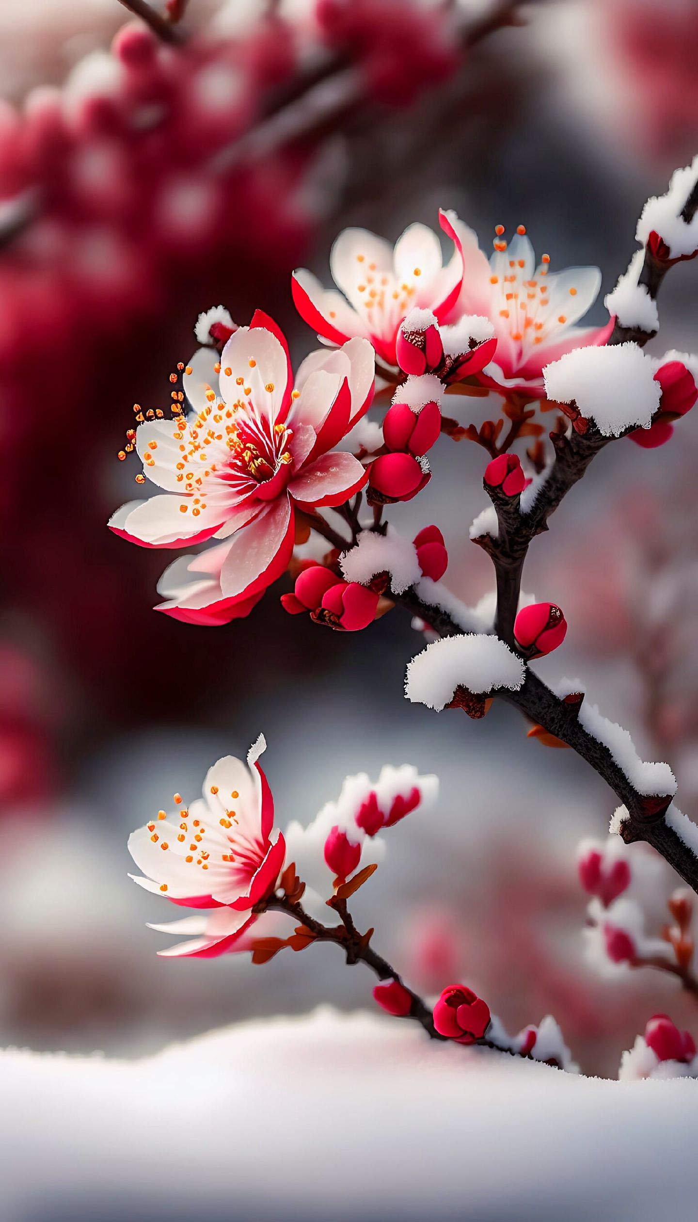 风花雪月ai:梅花的树枝,红色花瓣,粉色花蕾,雪地背景,环境清幽宁静!