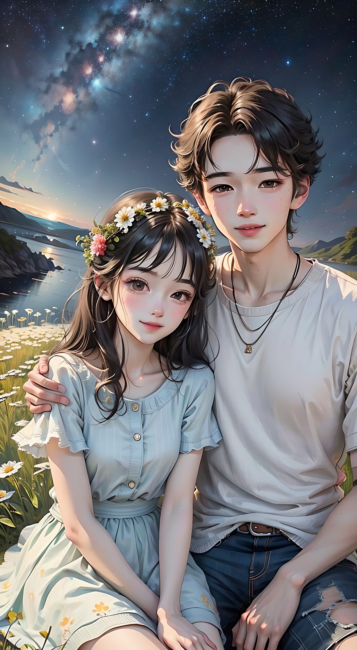 一对开心的情侣,女生坐着依靠在男孩身边,男孩伏身轻轻扶着女生肩膀