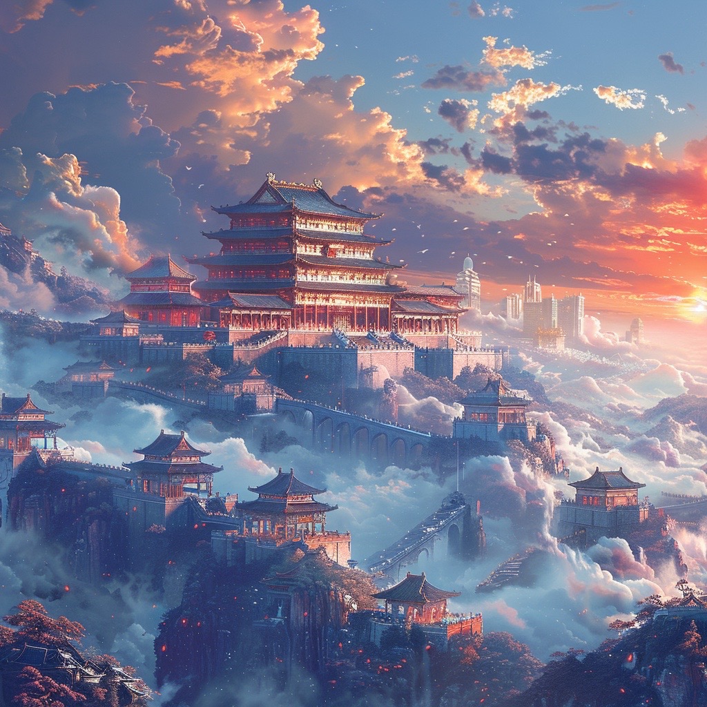 ☁ 在缥缈的云雾中,瑶池如梦似幻,湖面清澈见底,映照出天宫的辉煌