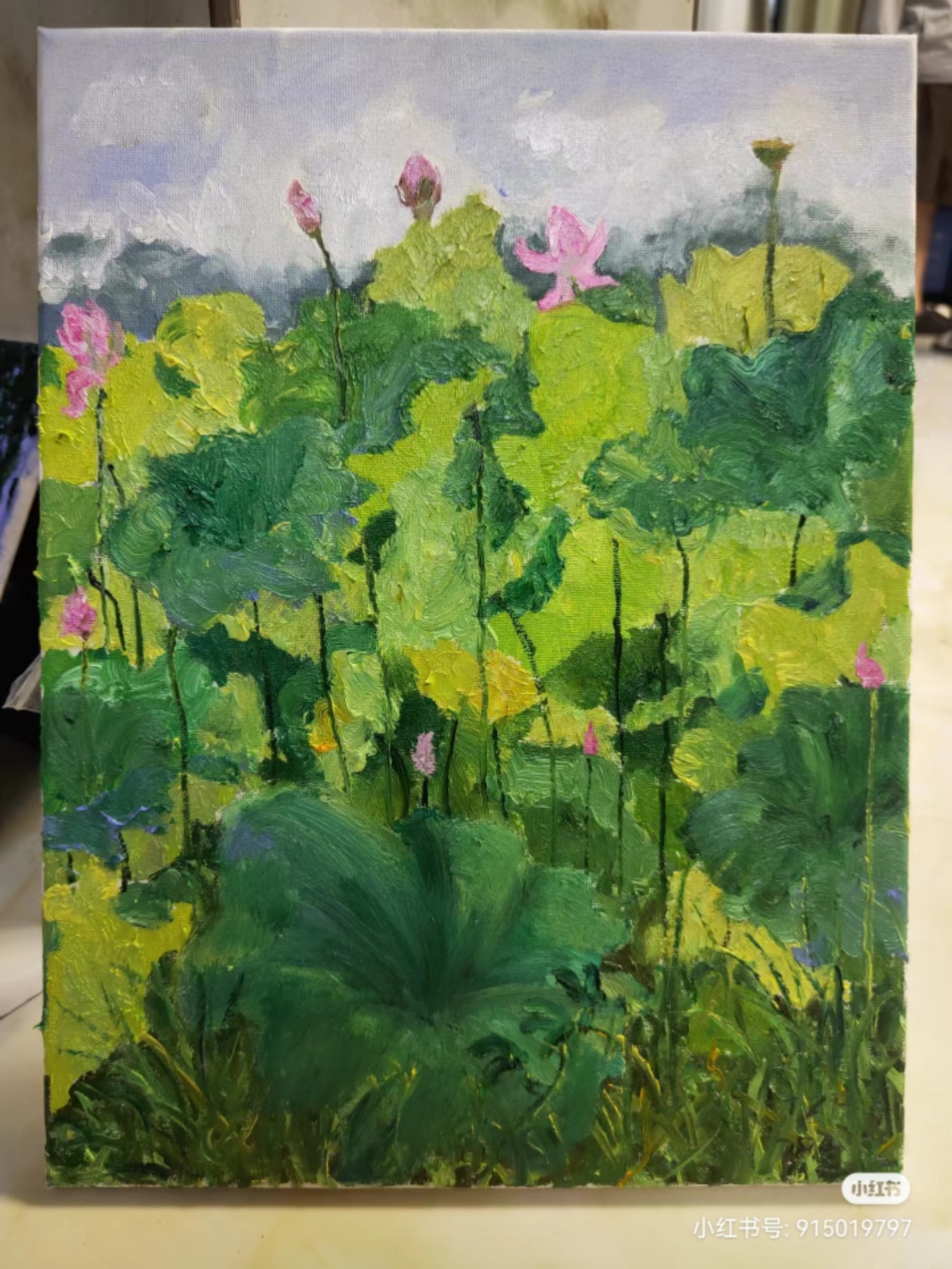 卖画的小画家:《夏日荷花》夏季采风写生  户外油画写生作品 夏日炎炎