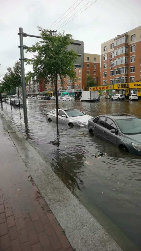 实拍哈尔滨暴雨水浸街道