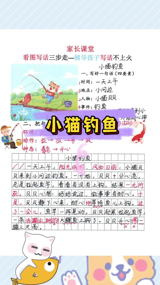 看图写话小猫捉鱼掉水里了 - 抖音
