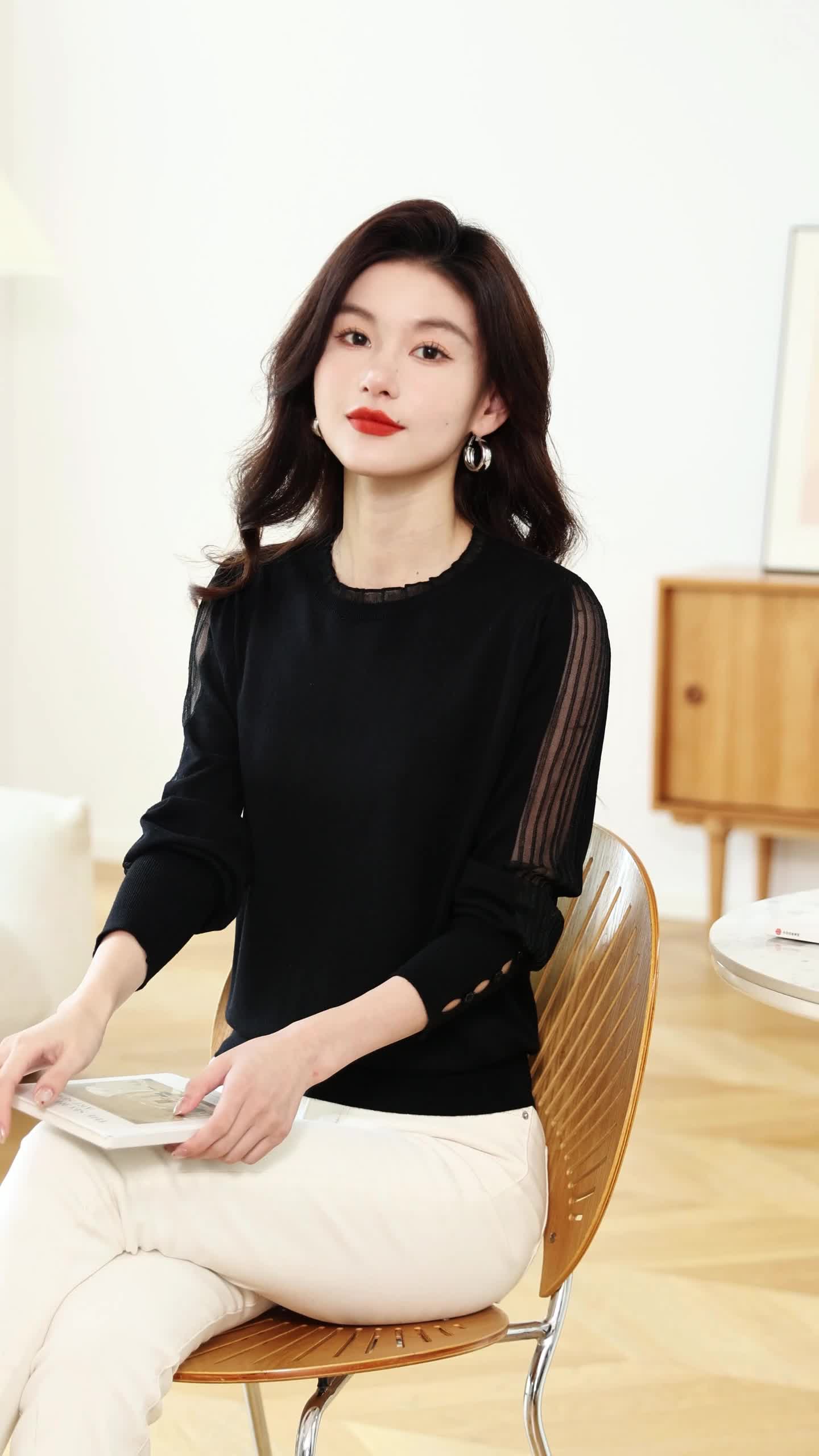 黑色薄款针织衫女春秋长袖内搭蕾丝打底衫