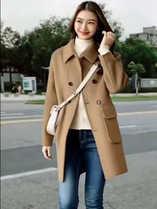 创作灵感上热门纯色秋冬新款韩版宽 松中长款外套女双排扣显瘦大衣#时尚气质穿搭 #气质风衣穿搭 #穿出自信穿出美丽 中长款外套大衣