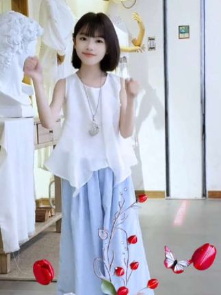 #我要上热门🔥 女童套装夏季新款2025新款时髦洋气套装中大儿童女孩不规则无袖衫阔腿裙裤两件套#高品质童装 #女童套装 #夏季新款