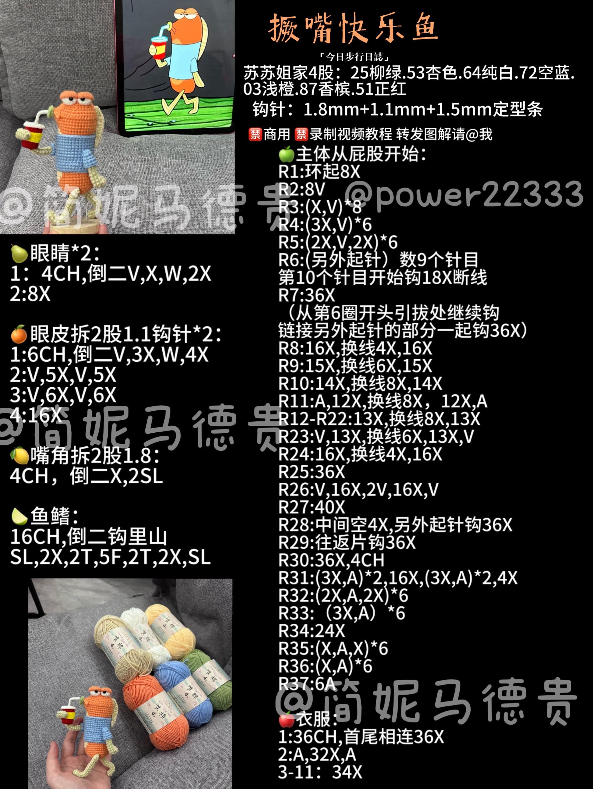 纯享版噘嘴鱼图解~ 🧶:@苏苏姐家官方旗舰店 4股棉 柳绿 杏色 纯白 空篮等 #海绵宝宝路人鱼 #钩针玩偶 #比奇堡居民 #钩织摆件 #海绵宝宝龙套鱼