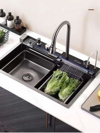 多功能厨房不锈钢飞雨瀑布水槽家用洗碗池枪灰色大洗菜盆单槽#大单槽#厨房水槽#洗菜盆#居家好物 #好东西一起分享