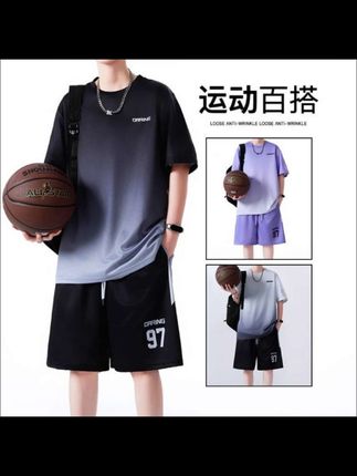 夏季青少年渐变短袖套装学生宽松冰丝速干篮球服男孩中考运动服男#短袖t恤 #运动穿搭 #休闲百搭 #冰丝套装 #速干套装